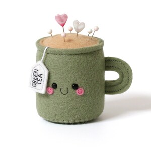 Green Tea Pincushion, Sewing Room Decor, Needle Cushion, Seamstress Gift, Handmade Pincushion image 2