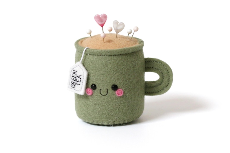 Green Tea Pincushion, Sewing Room Decor, Needle Cushion, Seamstress Gift, Handmade Pincushion image 2
