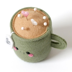 Green Tea Pincushion, Sewing Room Decor, Needle Cushion, Seamstress Gift, Handmade Pincushion image 3