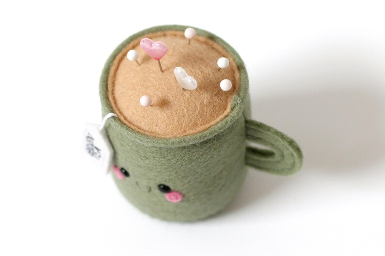 Green Tea Pincushion, Sewing Room Decor, Needle Cushion, Seamstress Gift, Handmade Pincushion image 3