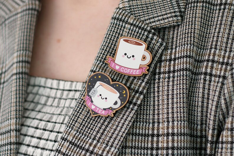 Tea Wooden Pin Badge, Kawaii Teacup Wood Brooch, Tea Gift Ideas image 4