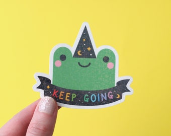 Keep Going Witch Frog Sticker with Holographic Overlay Sequin Effect