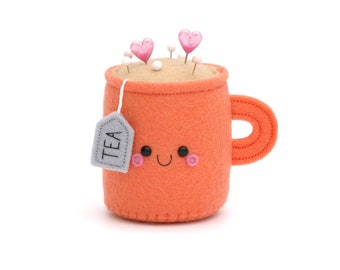 Coral Teacup Pincushion, Felt Sewing Pin Storage, handmade by hannahdoodle