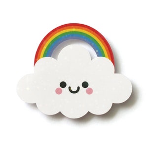 May include: A white cloud with a rainbow over it. The cloud has a happy face with pink cheeks.