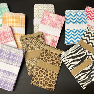 Sacs en papier plats (50) - 4 x 6 po. Carreaux damassés Zèbre, léopard, fleurs roses Treillis argenté, chevrons, volume d'emballage, vente à prix réduit en gros