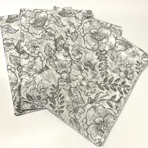 Gray Flowers Tissue Wrap - Timeless Floral 15x20 or 20x30 Packaging Gift Wrap Wrapping Paper Wedding Shower Beautiful Classic Elegant Pretty