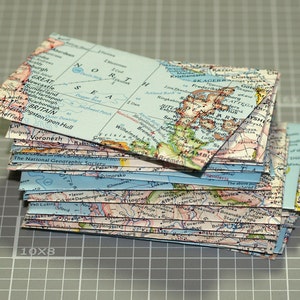 Mini Map Envelopes - Mini Business Card Size Thank You Notes Travel Vacation Countries Cities Vintage Atlas Stationery Gift Fun Junk Journal