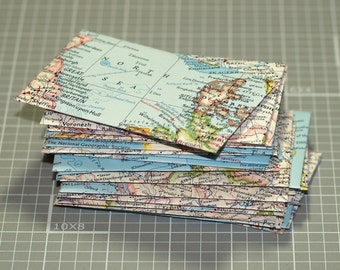 Mini Map Envelopes - Mini Business Card Size Thank You Notes Travel Vacation Countries Cities Vintage Atlas Stationery Gift Fun Junk Journal