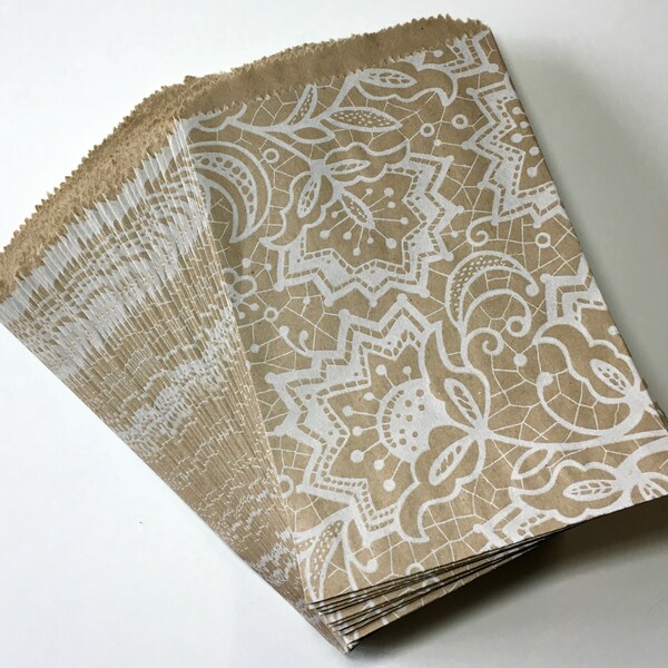 50 White Lace Small (4.75" x 6.75") Kraft Merchandise Bags Packaging Wedding Favor Bags Kraft Bags Treat Bags Gift Bags Product Paper Bags