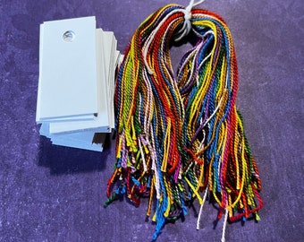 2 DOLLAR DEAL - 100 small 1”x2” white tags colorful floss ties merchandise price jewelry crafts shop supply destash clearance sale