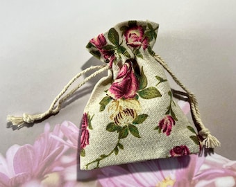 Mini Floral Drawstring Bags - 3" x 4" soft burlap bags for gifts, change, jewelry packaging bridal showers wedding favors tiny small cute
