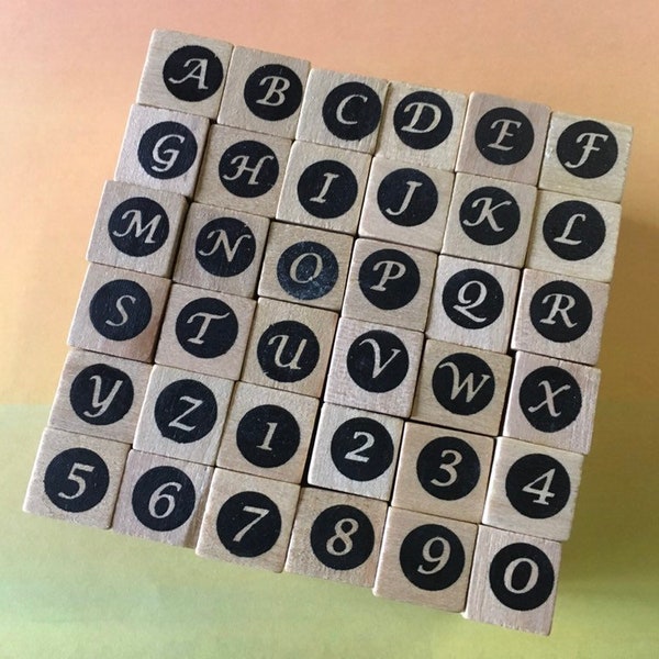 Alphabet Rubber Stamp Set ... Fancy Italicized Upper Case Letters / Numbers (36) wood mounted letters tools card making journaling printing