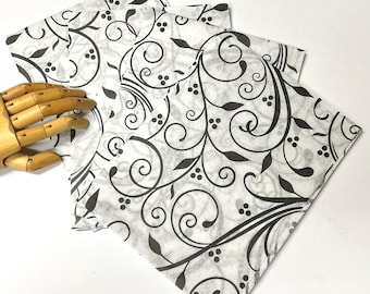 Papel de seda con diseño de bayas y espirales en blanco y negro, 15 x 20 o 20 x 30 cm, para envolver regalos, suministros, espirales impresos, enredaderas, aspecto moderno.