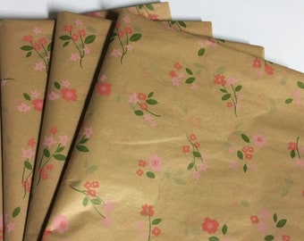 Rustic Floral Tissue Wrap - Pink Flowers on Kraft 15x20 or 20x30 Packaging Gift Wrapping Paper Pretty Showers Daisy Country Chic Weddings