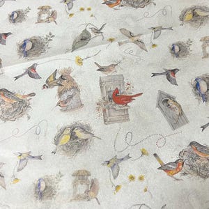 May include: A white background with a repeating pattern of birds, nests, and birdhouses. The birds are in various colours, including blue, red, yellow, and brown. The nests are made of twigs and leaves. The birdhouses are made of wood and have different shapes and sizes.