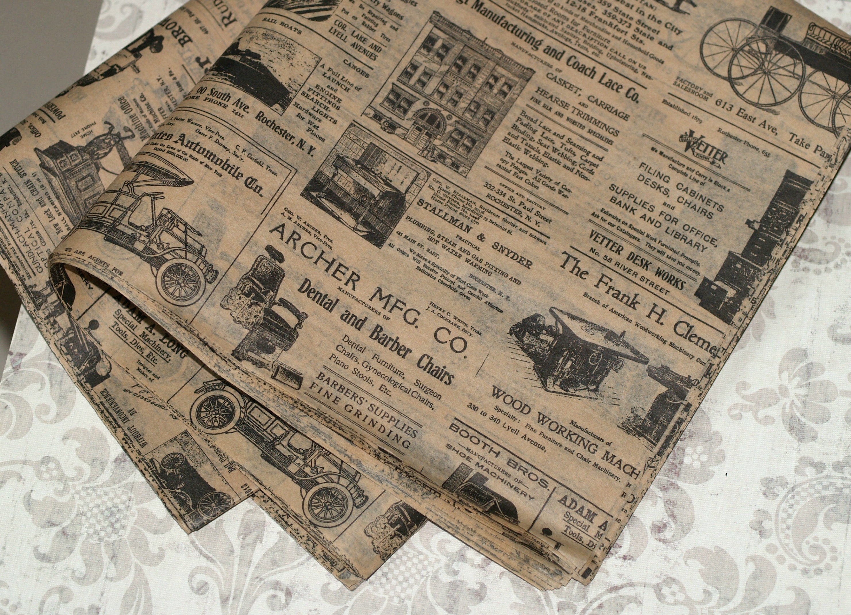 Kraft Newsprint Tissue Wrap Vintage Look 15x20 or 20x30 Packaging Gift Wrap  Newspaper Ad Old Fashioned Wrapping Paper Supplies Black Print 