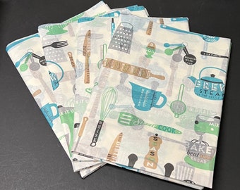 Kitchen Gadgets Tissue Wrap - 15x20 or 20x30 Gift Wrapping Paper Packaging Housewarming Cook Chef Utensils Stylized Print Green Blue Black