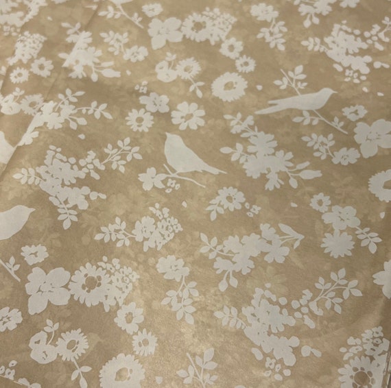 Birds and Blossoms Tissue Wrap - Pale Kraft and White 15x20 or 20x30 Packaging Gift Wrap Wrapping Paper Eco-Friendly Pretty Modern Flowers