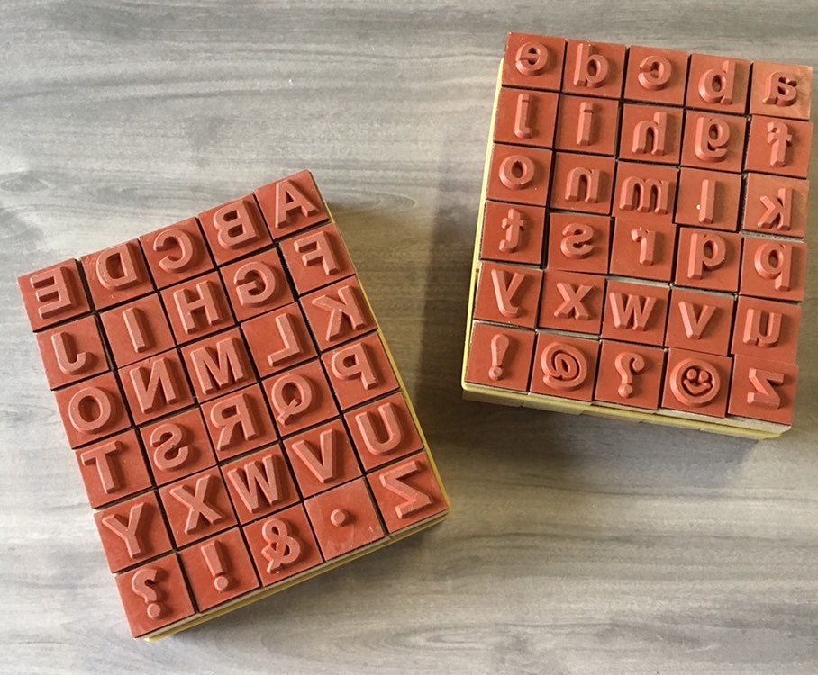 Alphabet Rubber Stamp Set wood mounted uppercase lower case Etsy