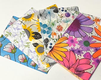 FLOWER POWER Tissue Sample Set - 6 sheets 20x30 packaging gift wrap pretty colorful daisies roses tulips junk journaling mix decoupage