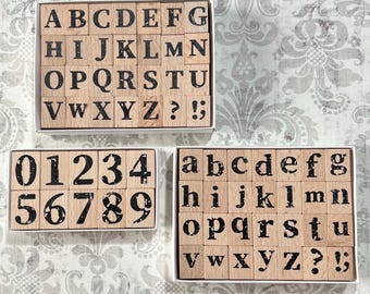 Alphabet Rubber Stamp Set - distressed look large size uppercase lower case numbers wood mounted Times New Roman style font card making