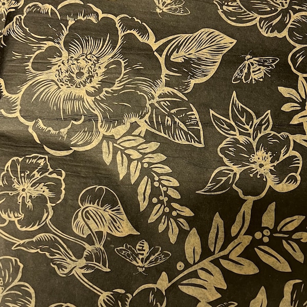 Black Flowers Tissue Wrap - Timeless Floral 15x20 or 20x30 Packaging Gift Wrap Wrapping Paper Wedding Shower Beautiful Classic Elegant