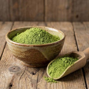 Könnte beinhalten: Eine Keramikschale gefüllt mit leuchtend grünem Pulver, neben einem Holzschöpfer mit einer ähnlichen Substanz. Die Gegenstände liegen auf einer rustikalen Holzoberfläche, was eine natürliche und erdige Ästhetik erzeugt. Das Pulver scheint fein gemahlen zu sein.