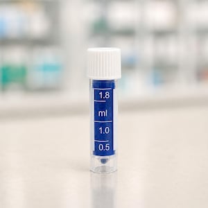 May include: A clear plastic laboratory vial with a white screw cap. The vial contains a dark blue substance and features a vertical white label printed with volume markings at 0.5, 1.0, and 1.8 ml, indicating the capacity of the container.