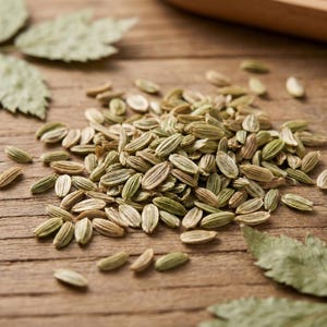 May include: A close-up shot of fennel seeds scattered on a wooden surface. The seeds are oval-shaped, with a light green and tan color. Dried green leaves are also visible, adding to the natural aesthetic. The wooden surface has a warm, brown tone.