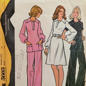 May include: A vintage sewing pattern for a dress or top and pants. The pattern is for misses' sizes 14 and 36 bust. The pattern is called "Pounds-Thinner" and is not returnable. The pattern shows three different styles of clothing, all with long sleeves and a collar.