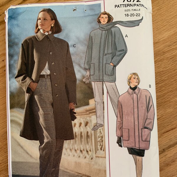 Uncut Vintage 90s Vogue Classics 7872 Coat - sizes 12-14-16 or 18-20-22