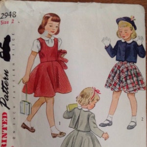 Vintage 1940s Simplicity 2948 Girl's Dress, Bolero and Blouse - Size 2