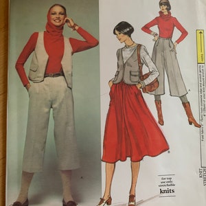 May include: A vintage sewing pattern for a women's top and skirt. The pattern is for a knit top and a skirt with a high waist. The pattern is from Vogue American Designer and is designed by Leo Narducci. The pattern number is 1577.