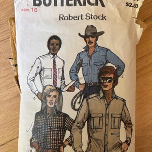 May include: A white paper sewing pattern envelope for Butterick pattern 6751, size 16, featuring illustrations of four individuals wearing various button-down shirts. The text includes Quick! Butterick, 6751, and Robert Stock.