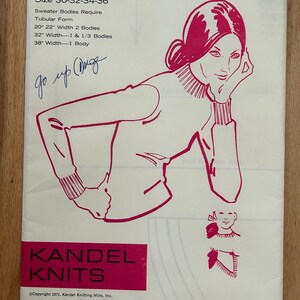 May include: Vintage Kandel Knits pattern for a basic pullover sweater, size 30-36. The cover features a red illustration of a woman wearing the sweater. The pattern includes instructions for tubular form and various body widths.