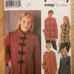 May include: A sewing pattern for five different jackets. The pattern is for sizes 6, 8, 10, and 12. The pattern is from Simplicity and is easy to sew. The pattern includes a red jacket with black trim, a brown jacket with a hood, a blue jacket with a quilted design, a brown and white patterned jacket, and a leopard print vest.