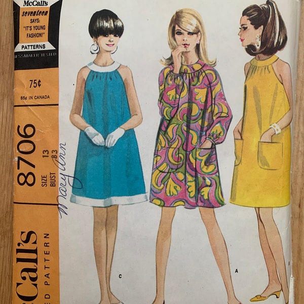 Vintage 1960s McCall's 8706 mod junior's tent dress in three versions -size 13