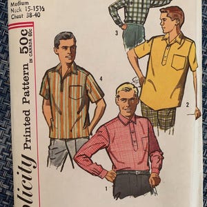 May include: A vintage sewing pattern for men's shirts. The pattern includes three different shirt styles: a plaid shirt, a yellow short-sleeved shirt, and a red and white checked shirt. The pattern number is 4452. The pattern is for a medium size with a 15-15 1/2 inch neck and a 38-40 inch chest.