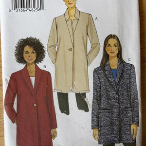May include: A Very Easy Vogue sewing pattern featuring illustrations of three different coat designs. The pattern includes sizes Lrg-XXL. The cover shows a beige, a red, and a black and white patterned coat. The pattern is designed and printed in the USA.
