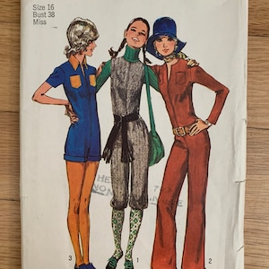 May include: A vintage sewing pattern for a women's jumpsuit, pants, and top. The pattern is from Simplicity and is size 16, bust 38. The pattern is illustrated with three women wearing the different garments.