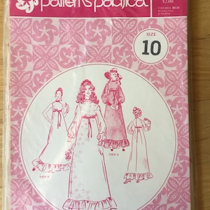 May include: A vintage sewing pattern for a long dress with a ruffled hem. The pattern is for size 10 and includes two views: one with a long sleeve and one with a short sleeve. The pattern is from Patterns Pacifica and is number 3000.