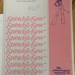 May include: A sewing pattern for jeans with a pink background and the text "Stretch & Sew" repeated multiple times. The pattern is designed exclusively for knit fabrics by Ann Person.