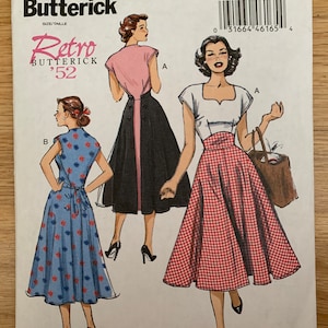May include: Vintage sewing pattern for a dress with two different styles. The pattern is for sizes 14-16-18-20-22 and is from Butterick, Retro '52. The pattern number is B6212.