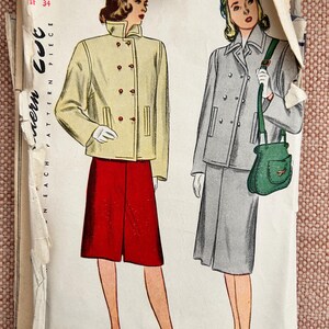 May include: Vintage sewing pattern for a double-breasted jacket and skirt. The pattern is for size 16 and bust 34. The pattern is from 1913 and is in good condition.