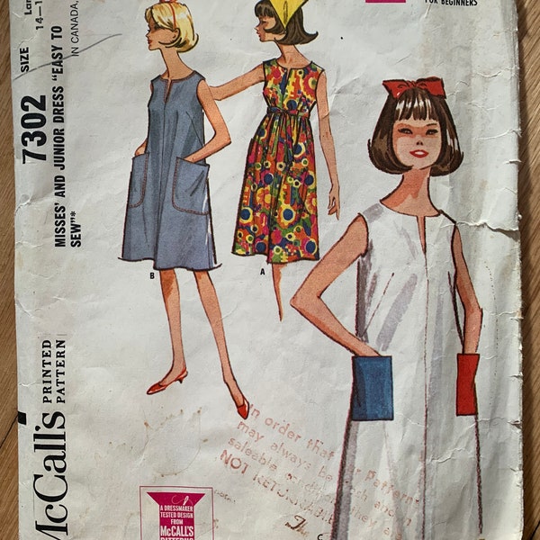 Vintage McCall’s 7302 Easy to Sew Dress - size 14-15-16 READ