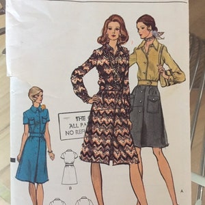 May include: A vintage sewing pattern for a dress with a chevron print. The pattern includes three different views of the dress, with a long-sleeved version, a short-sleeved version, and a sleeveless version. The pattern is for size 16, bust 38 inches. The pattern is from Vogue Patterns and costs $2.00.