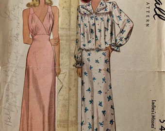 Vintage 1940s McCall Pattern 5441 Women's Pajamas and Nightgown - size 16