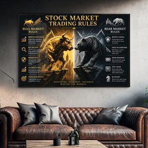 May include: A rectangular wall art print titled Stock Market Trading Rules featuring a golden bull on the left and a dark bear on the right. The text lists specific trading rules for bull and bear markets with icons, ending with the phrase Discipline, Strategy, Patience, Master the Market.