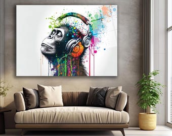 Cool Monkey With Headphones Wall Art Monkey Head Poster Splash Color Art Monkey Inspirational Abstract Art, Office Colourful Acrylic Design