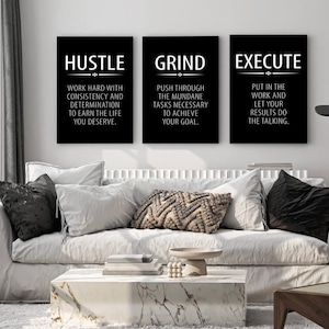 Set med 3 delar motiverande definition inspirerande akryl- eller canvastavla för kontor väggkonst illustration verb hustle grind execute konsttryck